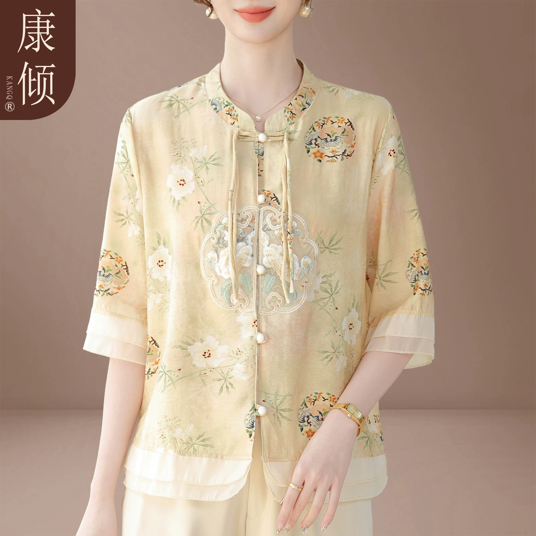 50多岁妈妈夏装雪纺套装2026新款唐装上衣中老年女春夏新中式小衫